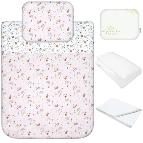 Babysanity Lenzuola Next To Me Compatibili 5 pezzi: Cuscino Neonato Federa Cuscino Piumino Copripiumino Lenzuolo Angoli per Culla Lettino Neonato Chicco Kinderkraft Cam Brevi OEKO-TEX (Fatina)