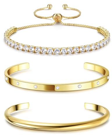 Fansilver 3PCS Gold Bracelets Set - 14K Gold Plated Link, Cuff, Bead Ball, Twisted Chunky Bangle Stackable Bracelets