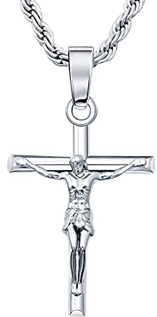 HELLOICE Crucifix Cross Necklace 18K Gold Plated Cross Pendant with 3mm 22 Rope Chain for Men Women (Crucifix Cross-Silver)
