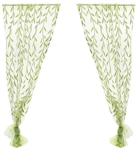 Warmhm 1PC Decorative Voile Curtain For Window: Willow Leaf Sheer Curtain Green Rod Pocket Voile Panel Light Filtering Tulle Drape For Bedroom Living Room 40x106