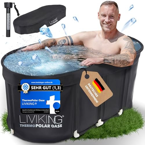 LIVIKING® Eisbad + Faltbare Badewanne Erwachsene [120 cm - 2in1 KOMFORT KOMPLETTSET] Eisbaden Tonne, Mobile Badewanne Outdoor & Eistonne – Jetzt Eintauchen! (ThermoPolar Oase, schwarz)