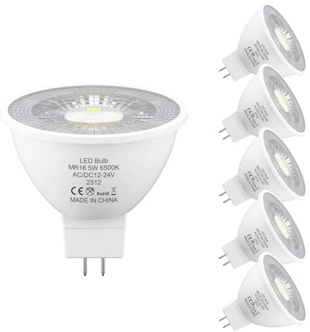 LUTW MR16 LED Bulbs Cool White 6500K, AC/DC 12V/24V GU5.3 LED Spotlight Bulbs, 5W 470LM Light Bulb Equivalent 50W MR16 Halogen Bulb, Non-dimmable, 38° Beam Angle, for Landscape, Track Lighting, 6 Pack
