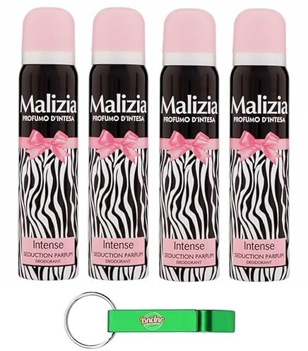 4 deodorante MALIZIA Donna Intense Seduction Profumo, deodorante spray da donna, 100 ml + portachiavi Beni Culinari