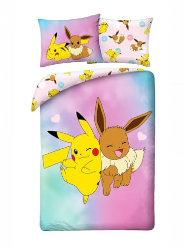POKEMON PIKACHU & EEVEE Sängkläder 140 x 200 cm + örngott 70 x 90 cm – vändbar – 100% polyester – flerfärgad