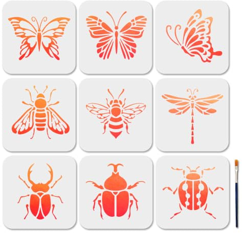 MAYJOYDIY 9Pcs Insect Theme Stencils Butterfly Dragonfly Painting Stencil 15×15cm Bee Beetles Stencils with Paint Brush Reusable Ladybug Template for Window Wood Wall Home Decor