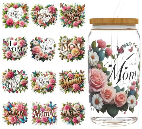 12 Mother's Day Heart Love Flower Leaf UV DTF Cup Wraps Transfer Waterproof Sticker for Glass Cups Furniture Craft DIY Crafts，Rub on Transfer Stickers for DIY Water Bottle Laptop Decal Wood Car