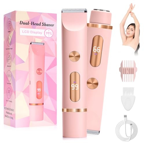 RoserRose Maquinilla de afeitar íntima para mujer, 2 en 1 Dual Head Shaver Women, Bikini Trimmer Damen Intimbereich mit IPX7-Wasserdichtigkeit, LCD Display - Type-C Charge - inkl. Bikini Skin & Bloom