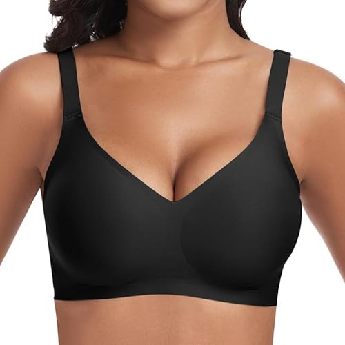 Cavotor Women Seamless Bra Non Wired Push Up Support Bras for Saggy Breasts Wireless T Shirt Soft Comfort Ladies V Neck Padded Bralettes with Extender (Black,M)