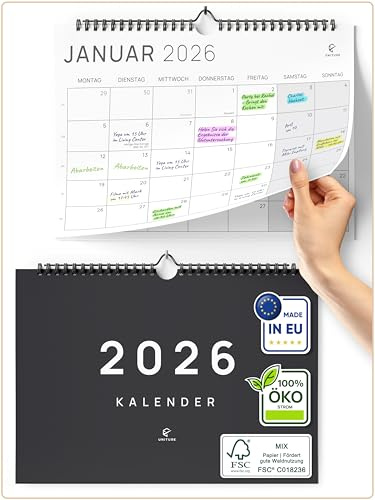 UNITURE® Minimalistischer Wandkalender 2026, Okt 2025 - Dez 2026 (15 Monate) DIN A4-Format Familienkalender für einfache & effiziente Planung, Wandplaner 2026