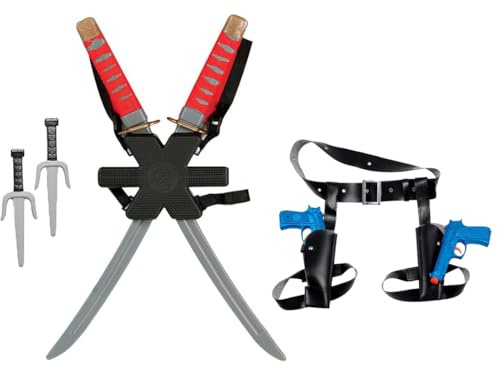 Mercenary Set Double Sword Backpack & Double Gun Thigh Holster Set Assassin Warrior Toy Weapon Super Hero Adult Fancy Dress Accessory