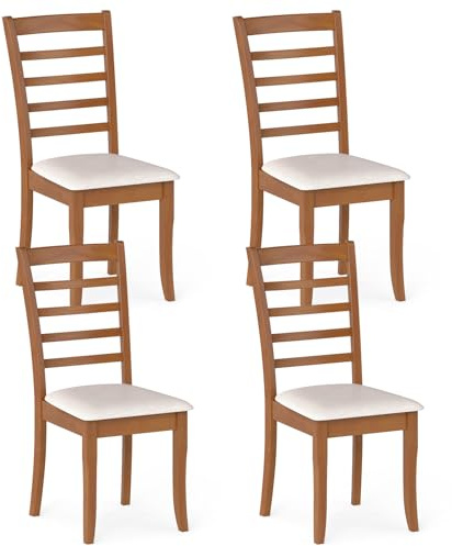 COSTWAY Matrumsstolar, set om 4, köksstolar, trä, matbordsstolar med vadderad sits, vadderade trästolar, kan belastas upp till 150 kg, stolar för matsal, kök, vardagsrum (vit)