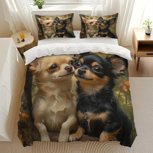 EISISANUN Chihuahua Duo Bedding Comforter Sets Bedding Set 3 Pieces (1 Duvet Cover 2 Pillowcases) with Zipper Closure Lightweight