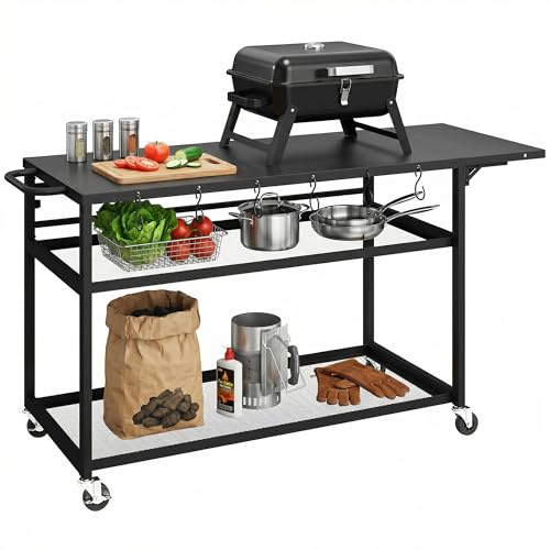 Outsunny - Carro de barbacoa con ruedas, isla de cocina con bandeja lateral plegable, tres estantes, ganchos y punzonado, 133 x 48,5 x 82 cm, color negro