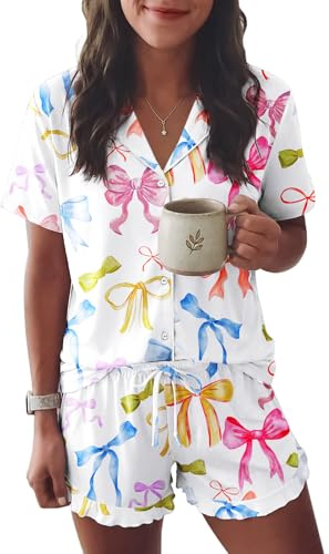Ekouaer Womens Pyjamas Sets Button Down Classic Pjs with Drawstring S-XXL | short sleeved top, v neck turn down collar, contrast piping, elasticated waist shorts with wavy hem, soft, lightweight