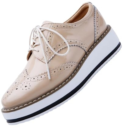 Women's Oxford Brogues Platform Shoes Patent Leather Lace Up Chunky Creepers Casual Vintage Dress Sneakers for Ladies Girls Beige