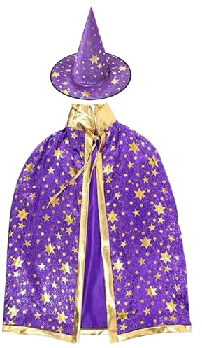 Pesoncarl Halloween-dekorationer, trollkarlskostym för barn trollkarl kappa och hatt set med stjärntryck 80 cm en storlek cape, halloween kostymer rollspel kläder för pojkar, flickor passar 90–140 cm