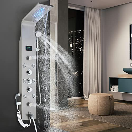 Colonne de douche hydromassante LED,6 Jets panneau de douche pour Salle de Bain,systeme douche mural Multifonctionnel Ensemble De Douche Nickel Brossé Cesinkin