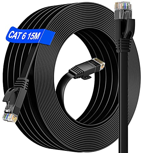 Cable Ethernet 15 metros - Alta Velocidad Cable de Red 15m Cat 6 Gigabit Cable Internet Plano, Rj45 Cable LAN Cat 6 15 metros Impermeables Exterior Interior, para Router Switch MóDem PS4/5 (15 Clips)