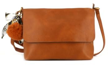 FLORA CO PARIS Sac Bandoulière Similicuir Souple Léger - Sacoche Ville Avec Pompom Bande Foulard Amovible - Sac Messenger Rectangle Porté Epaule - Simple Rétro - Camel