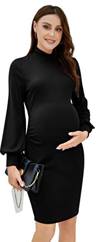 KOJOOIN Premaman Donna Abito Gravidanza Abito Premaman a Maniche Lunghe Donna Abito Premaman a Collo Alto Nero XXL