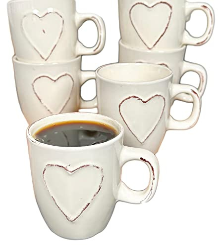 Darthome Love Heart Espresso Cups 100ml Set of 6 Stoneware Country Coffee Mugs Gift (White)
