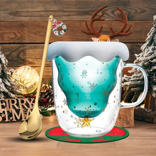 Yuragim Koppar, julkopp, söt julkopp, dubbelväggiga glas med lock och handtag och underlägg, julgran kaffekopp, espressokopp, present till föräldrar, vänner och jul