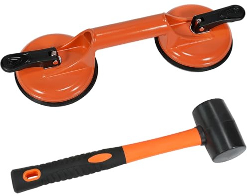 Outil de réparation pour espace de sol stratifié avec ventouse en aluminium robuste et poignée en fibre de verre et maillet en caoutchouc (ne peut pas être utilisé sur un sol gratté), orange