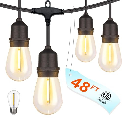 FOEERS 48FT Outdoor Waterproof String Lights with 16 Shatterproof Bulbs, IP65 Patio Lights for Garden Wedding Cafe - Tangle-Free Cables with Hooks (Warm White)