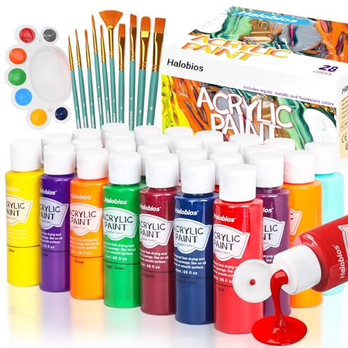 Halobios Acrylic Paint Set 28 Colors(2 fl oz/60 ml), Premium Acrylic Paints for Kids & Adults, With Fluorescent Colors & Metallic Colors for Painting, Drawing & Art Supplies, DIY Arts and Crafts