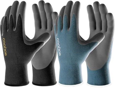 COOLJOB 2 pares de guantes de jardinería para hombre y mujer, guantes de trabajo con revestimiento de nitrilo, resistentes al aceite y transpirables, guantes de montaje para pantalla táctil para