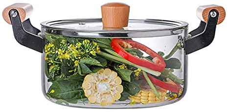 NNYCC Pentole di Vetro Riscaldabile per Cucinare con Manico in Legno, Pentola in Vetro Trasparente per Ristorante di Cucina Domestica,2.5l
