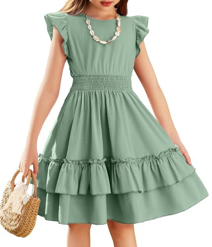 Arshiner Niñas Vestido Mangas Voladoras Verano Niños Algodón Vestido Ocio A-Line Elegante Swing Vestidos de Fiesta para Niñas 13-14 Años Verde Claro