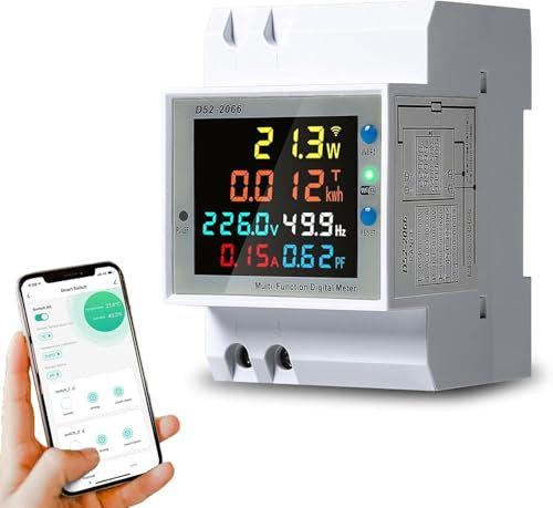 DeWin Compteur d'électricité Intelligent WiFi, Monophasé 6 en 1 Compteur d'énergie sur Rail DIN Wattmètre Voltmètre Ampèremètre AC 40-300V 100A Compteur AC CT intégré