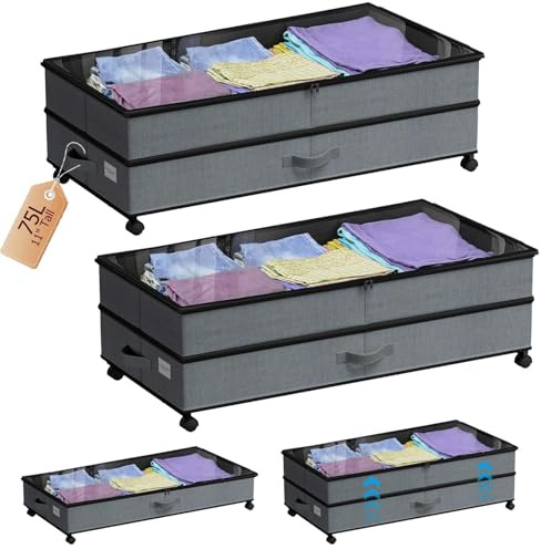 Meetue Under Bed Storage with Wheels, 2 Pack 75L Underbed Large Storage Bins with Lid, Adjustable Rolling Storage Containers for Clothes, Shoes, Blankets