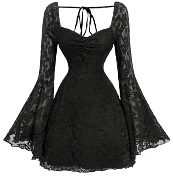 GORGLITTER Women's Lace A Line Flared Short Dresses Sweetheart Neck Bell Long Sleeve Tie Backless Date Night Dress Black Large