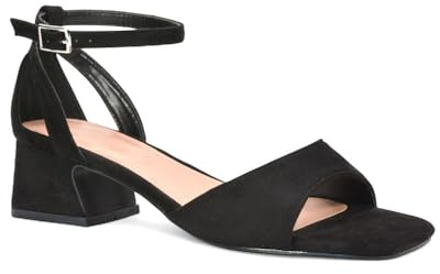 ESSEX GLAM Women's Ankle Strap Block Low Heel Sandals Ladies Cut Out Square Toe Black Faux Suede Buckle Strappy Party Shoes Size 7