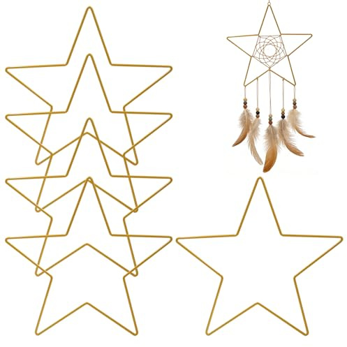 Creative Aro de Metal en Forma de Estrella de Cinco Puntas 20cm Set de 5 Aros Dorados para Manualidades Macramé Atrapasueños Coronas y Decoración de Pared