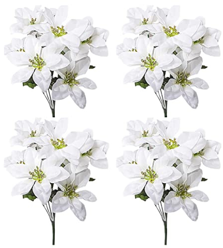 Jorzer Lot de 4 bouquets de poinsettia artificiels en soie, 7 têtes de poinsettia artificielles pour Noël, blanc