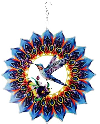 FRUHLING Carillón de viento de acero inoxidable 3D Colibrí Windspinner 30 cm Mandala Windspiel mit Wirbel Haken Hängende Garten Ornamente für Hof BalkonFenster Garten Dekoration
