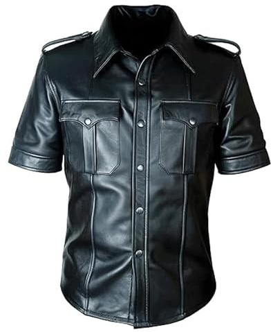 MAXATTIRE Chemise en cuir noir à manches courtes style police – Veste militaire coupe ajustée de qualité supérieure pour homme