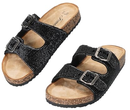 JOMIX Chanclas Mujer con Strass Sandalias de Doble Tira con Hebilla Ajustable y Corcho Suave Zuecos de Verano Calzado Cómodo