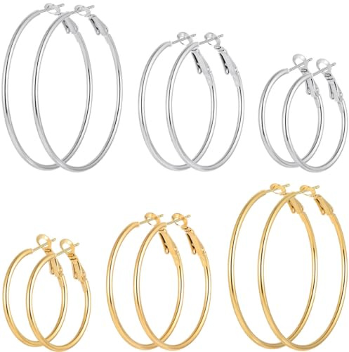 6 Pairs Gold Silver Plated Hoop Earrings for Women, Hypoallergenic Stainless Steel Gold Hoops Silver Hoop Earrings Set, Lightweight Large Small Hoops Women Earrings Loop Earrings Set