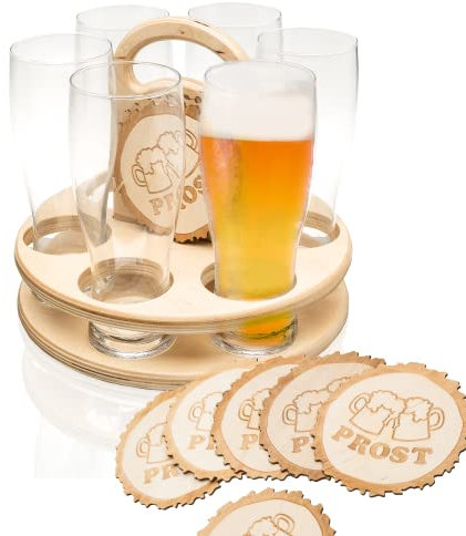 Smart-Planet Weizenbierglas Set 6 Gläser + 6 Holz Bierdeckel - Weizenglas Bierträger - Geschenk zum Geburtstag/Vatertag - Holztablett mit Griff