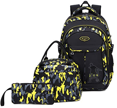 IvyH Schulrucksack Jungen Teenager, Kinderrucksack Camouflage Rucksäcke Jugendliche Jungen Mädchen 3-In-1 Schulranzen für Schule(Gelb)