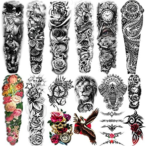 Extra Large Temporaire Tatouages 8 Feuilles Bras Complet Faux Tatouages et 8 Feuilles Demi Bras Tatouage Autocollants pour Hommes et Femmes (16 sheets)
