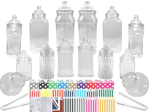 Truly Sweet Candy 14 barattoli di plastica per dolci, 7 stili, 2 pinze e 50 sacchetti, ideali per feste, matrimoni, tavoli dolci, buffet di caramelle (mix a pois a fiocco)