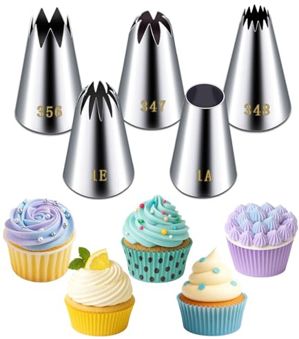 Suuker Large Piping Tips Set, Stainless Steel Frosting Piping Kit, 5 Pieces Pastry Cake Decorating Tips Baking Tools for Cookies Cupcake Decorating Kit (1A 1E 348 347 356)