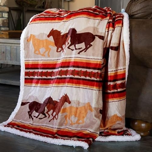 Linen Mart Southwest Running Horse Sherpa Throw Blanket (Country Running Horses)