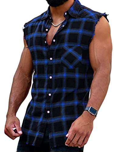 Chemise à carreaux sans manches pour homme - Chemise à carreaux - Chemise sans manches - Coupe droite - Chemise en flanelle - Chemise d'été en coton - T-shirt - Débardeur - Chemise de loisirs, L