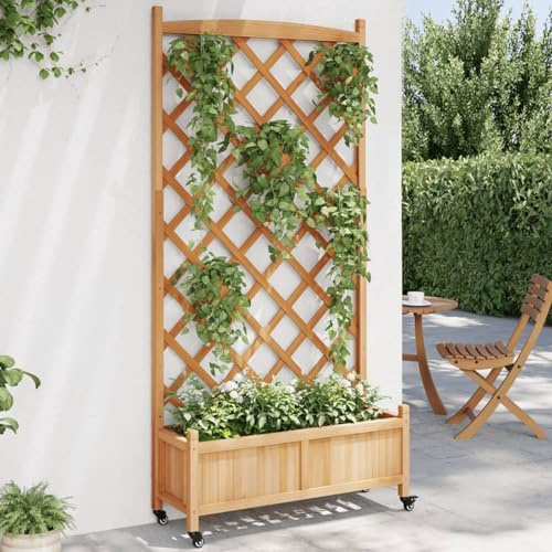 Gecheer Fioriera Letto Rialzato con Traliccio e Ruote, in Legno di Abete Marrone, 90x35x187,5 cm, Fioriera Grigliato Legno con Griglia per Giardino